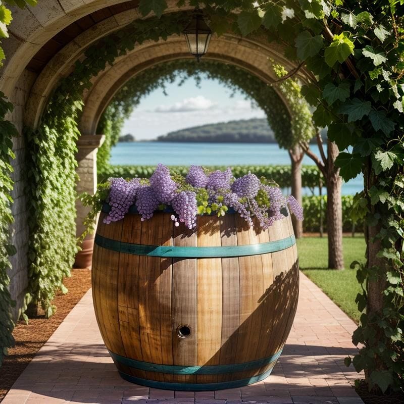 Wooden barrel with grapes in garden
